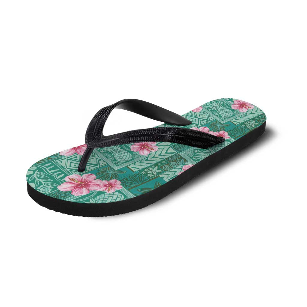Cyan Hawaii Hibiscus Tropical Flowers Motifs Flip Flops LT14 - Polynesian Pride