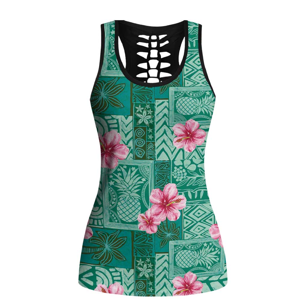 Cyan Hawaii Hibiscus Tropical Flowers Motifs Hollow Tank Top - Polynesian Pride