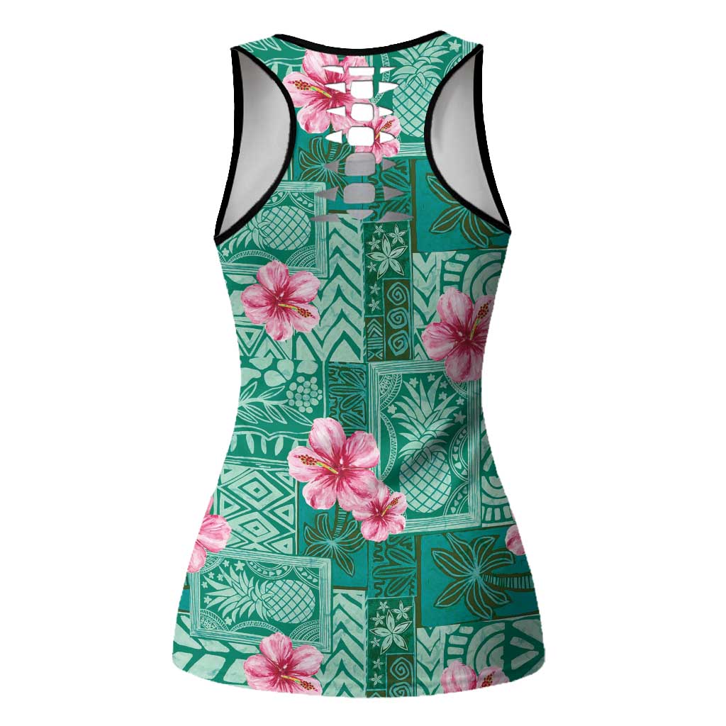 Cyan Hawaii Hibiscus Tropical Flowers Motifs Hollow Tank Top - Polynesian Pride