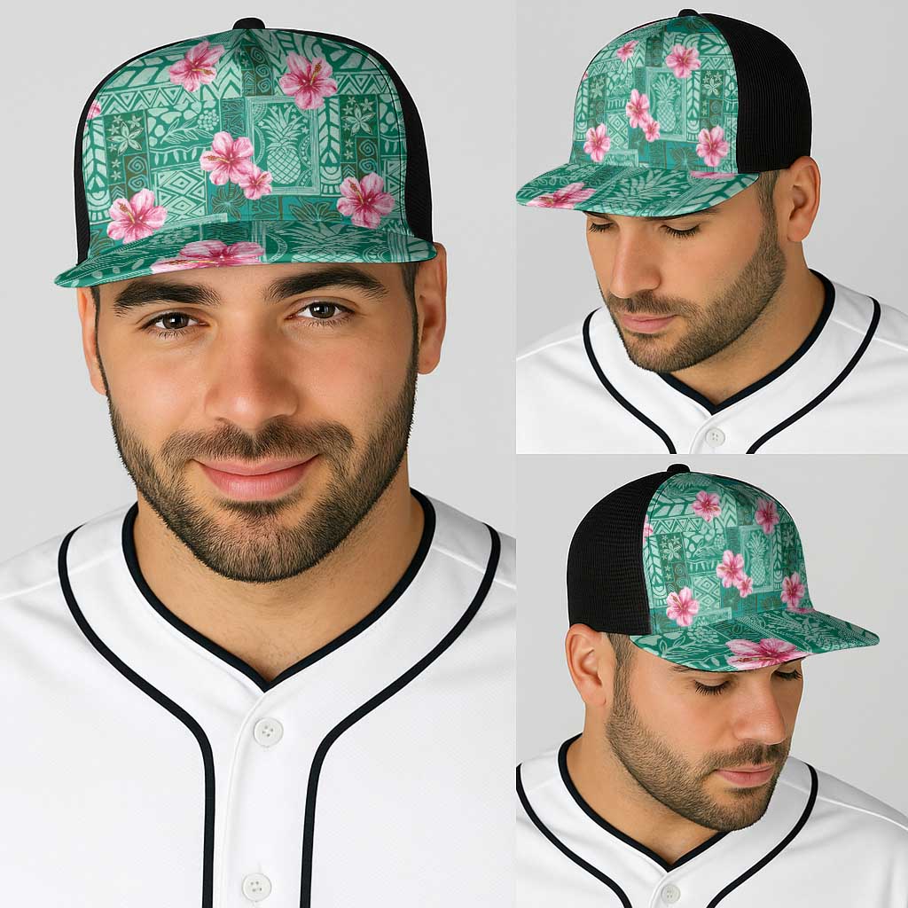 Cyan Hawaii Hibiscus With Tropical Flowers Motifs Baseball Net Cap - Polynesian Pride