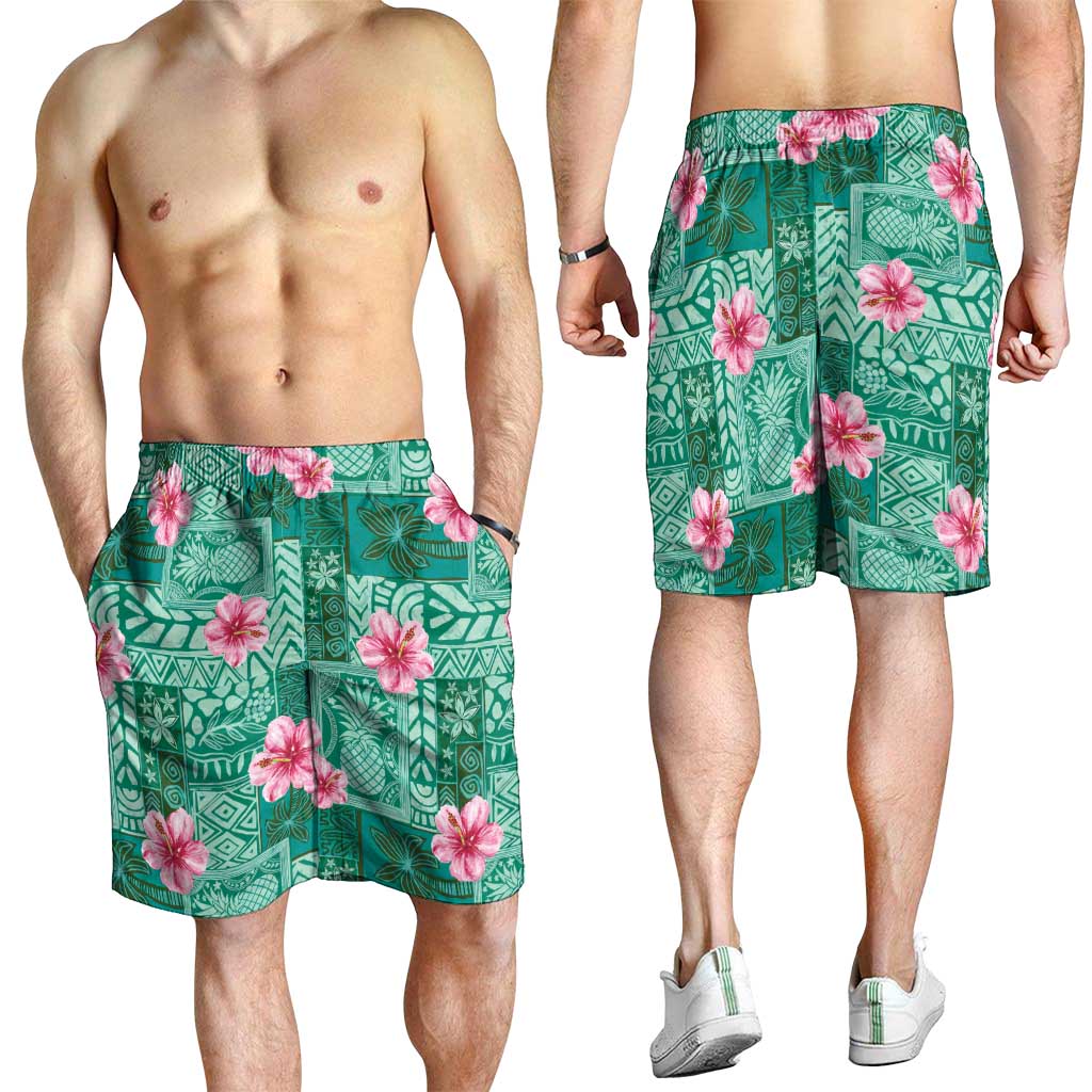 Cyan Hawaii Hibiscus With Tropical Flowers Motifs Shorts for Men - Polynesian Pride
