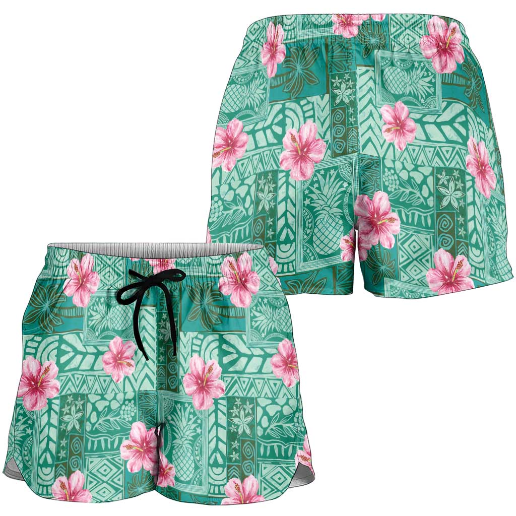 Cyan Hawaii Hibiscus With Tropical Flowers Motifs Shorts for Women - Polynesian Pride