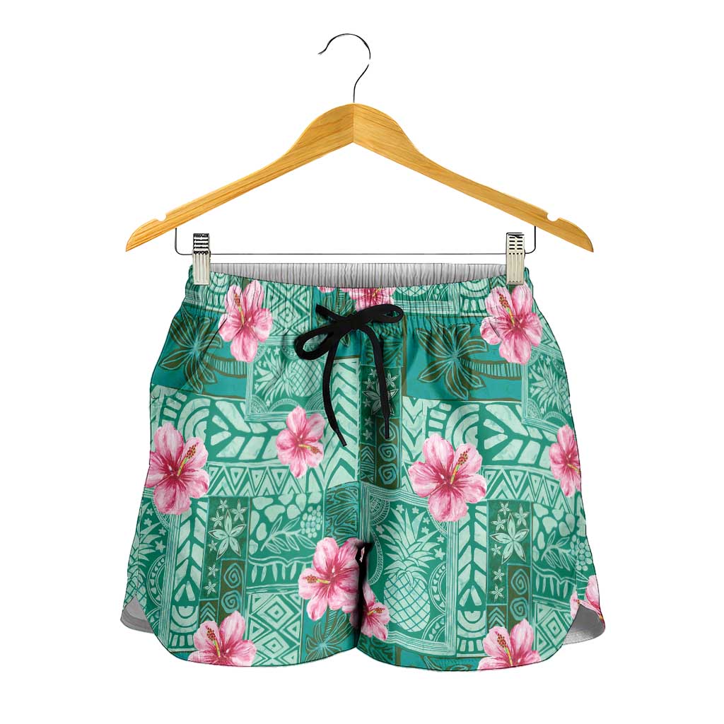 Cyan Hawaii Hibiscus With Tropical Flowers Motifs Shorts for Women - Polynesian Pride