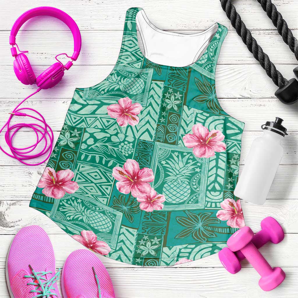 Cyan Hawaii Hibiscus With Tropical Flowers Motifs Women Racerback Tank LT14 Cyan - Polynesian Pride