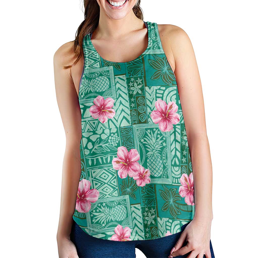 Cyan Hawaii Hibiscus With Tropical Flowers Motifs Women Racerback Tank LT14 - Polynesian Pride