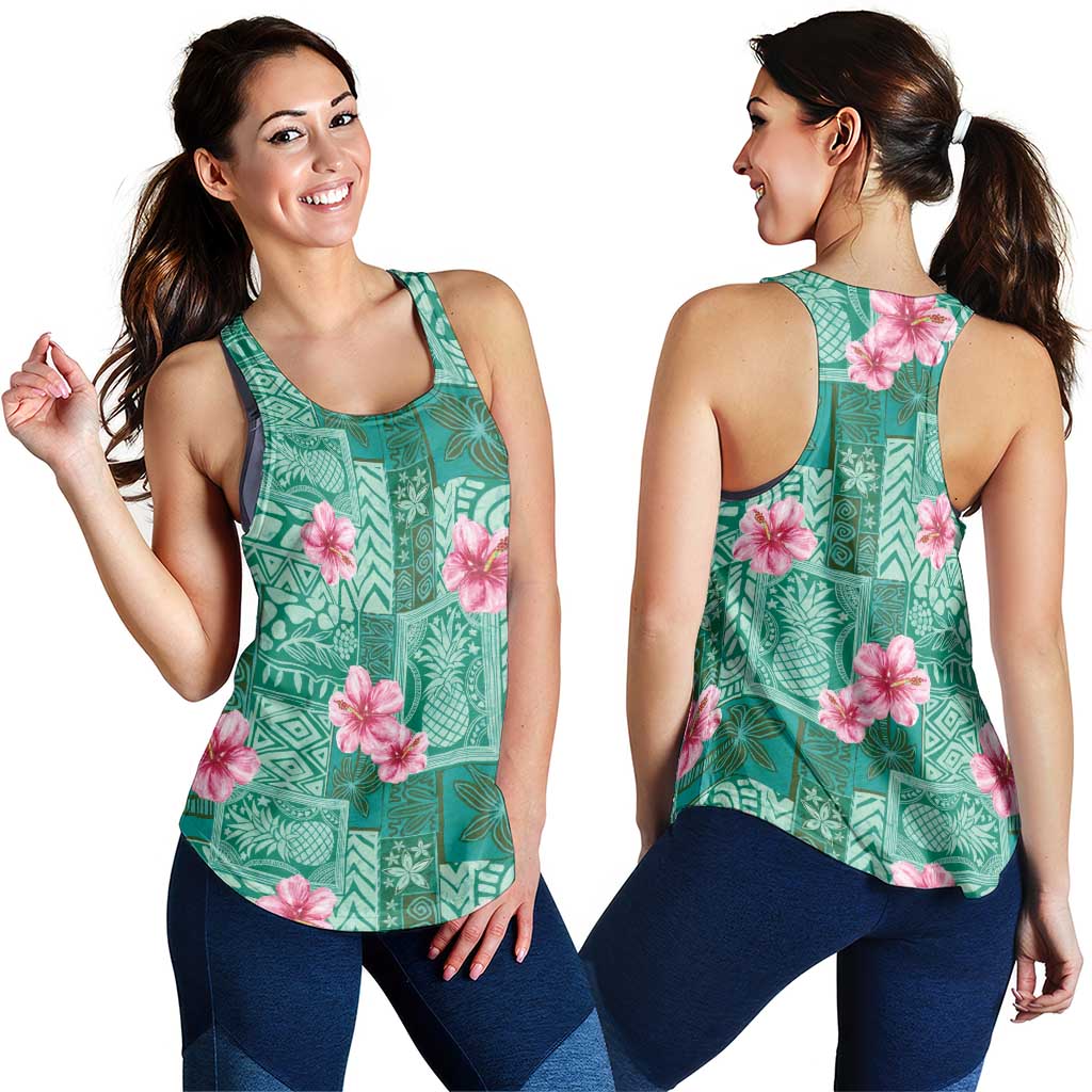Cyan Hawaii Hibiscus With Tropical Flowers Motifs Women Racerback Tank LT14 - Polynesian Pride