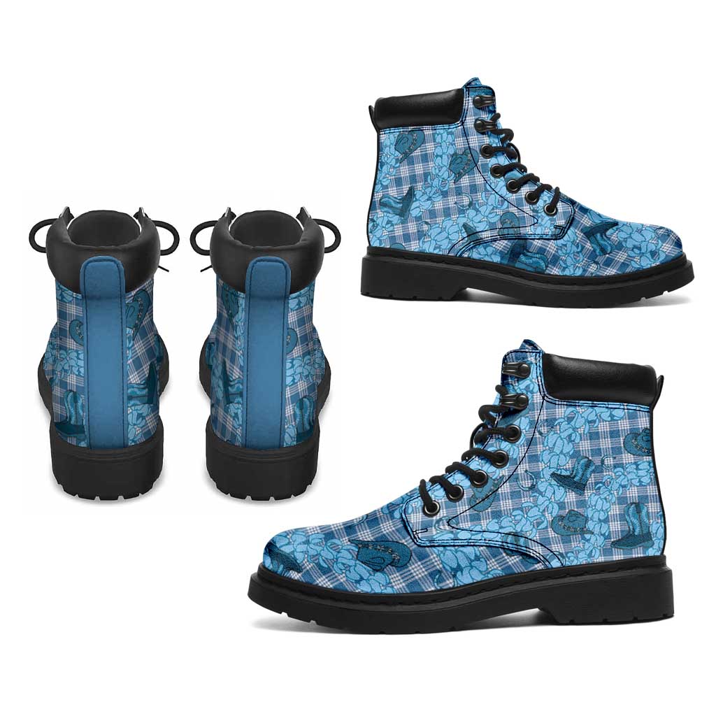 Cyan Palaka Hawaii Cowboy All Season Boots Puakenikeni Lei Paniolo Papale Seamless Vibes - Polynesian Pride