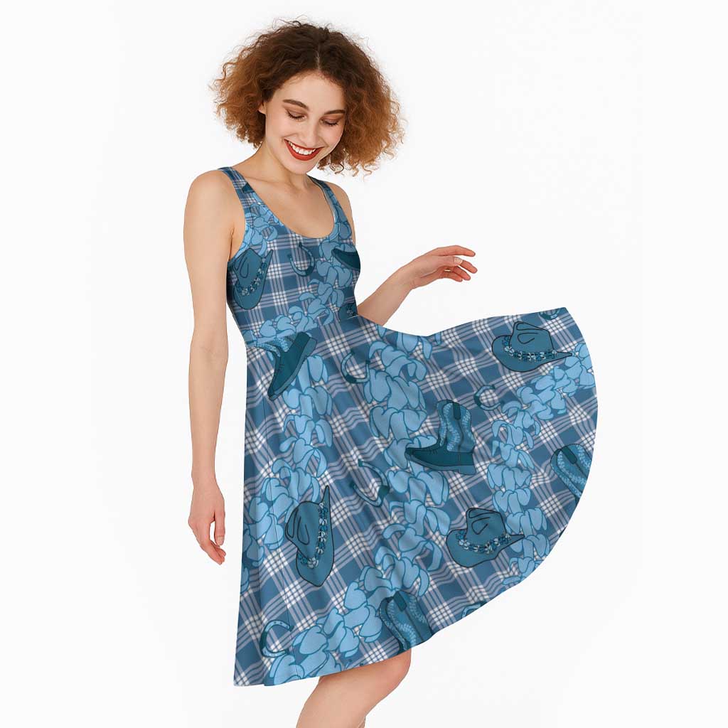 Cyan Palaka Hawaii Cowboy Midi Dress Puakenikeni Lei Paniolo Papale Seamless Vibes - Polynesian Pride