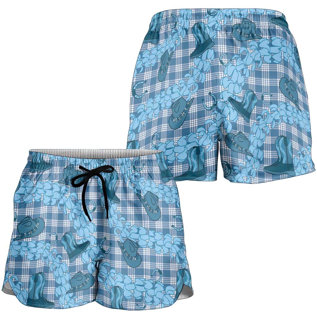 Cyan Palaka Hawaii Cowboy Shorts for Women Puakenikeni Lei Paniolo Papale Seamless Vibes - Polynesian Pride