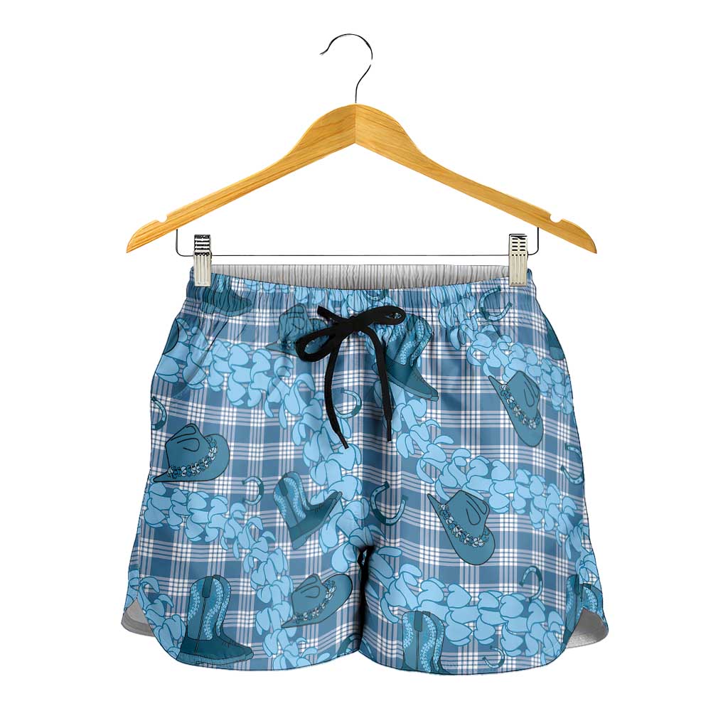 Cyan Palaka Hawaii Cowboy Shorts for Women Puakenikeni Lei Paniolo Papale Seamless Vibes - Polynesian Pride