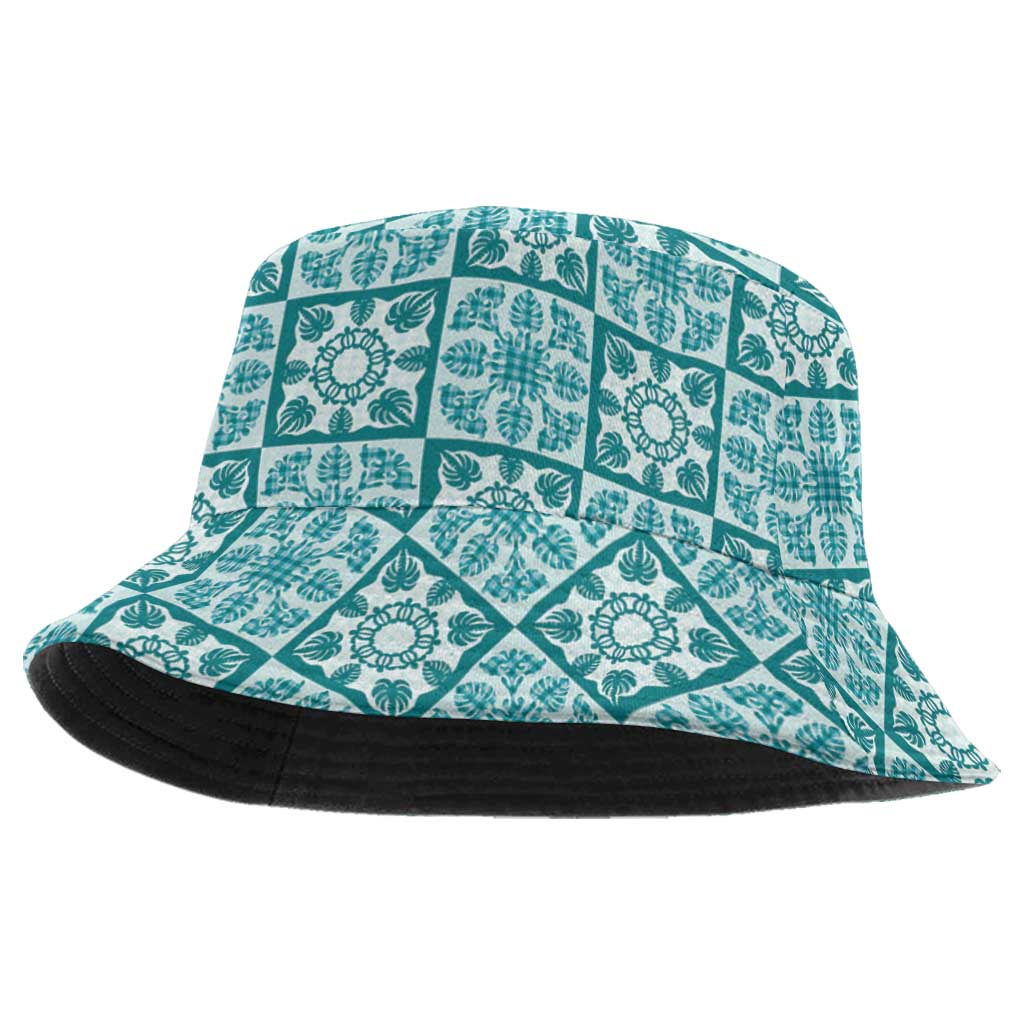Cyan Palaka Quilt Hawaii Bucket Hat Hawaiian Tropical Monstera Sea Turtle