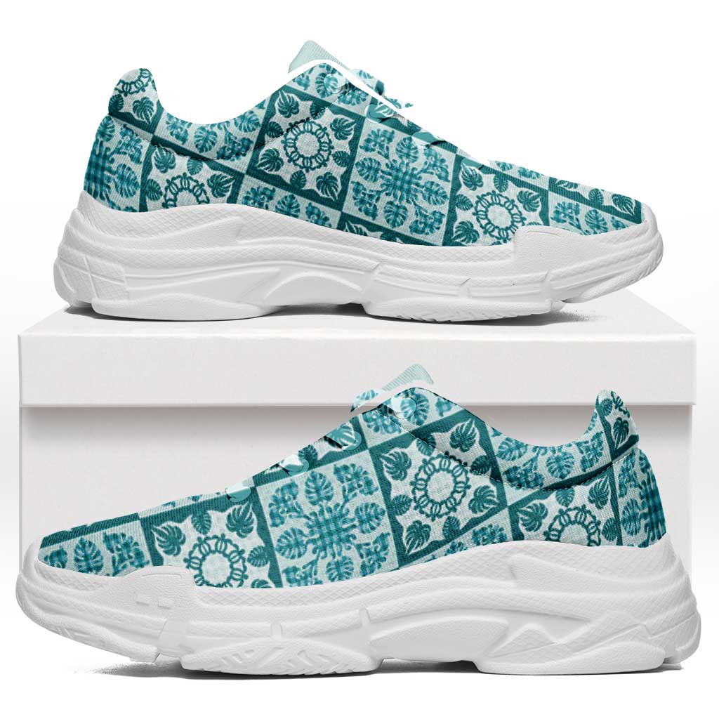 Cyan Palaka Quilt Hawaii Chunky Sneakers Hawaiian Tropical Monstera Sea Turtle