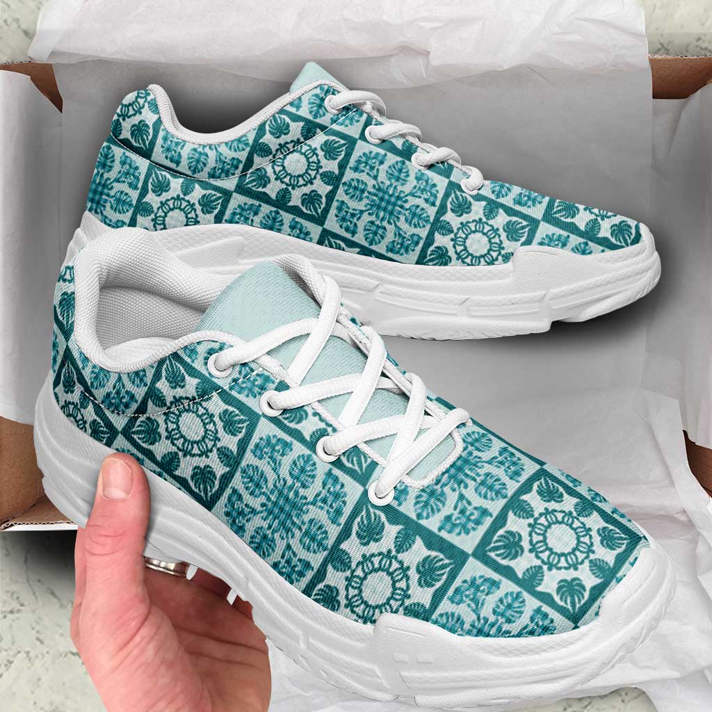 Cyan Palaka Quilt Hawaii Chunky Sneakers Hawaiian Tropical Monstera Sea Turtle