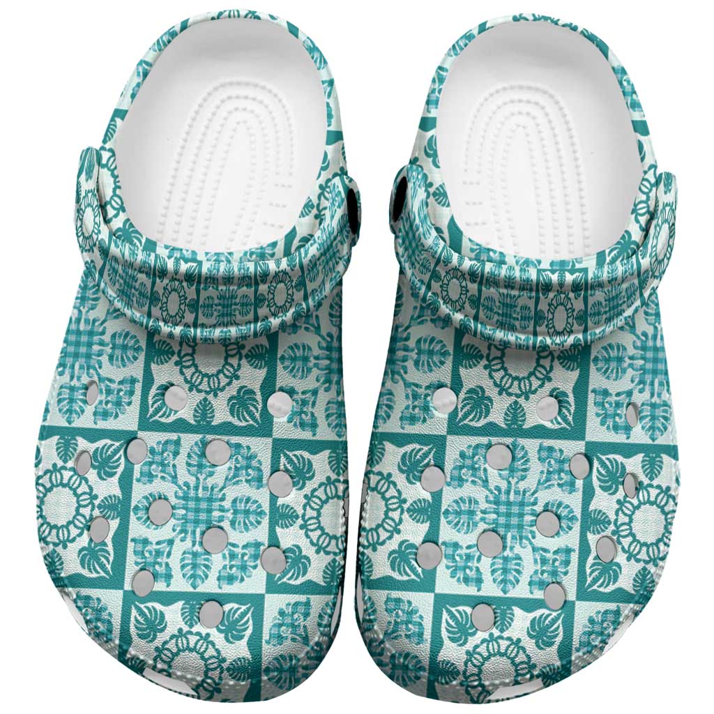 Cyan Palaka Quilt Hawaii Clogs Shoes Hawaiian Tropical Monstera Sea Turtle LT14 Cyan - Polynesian Pride