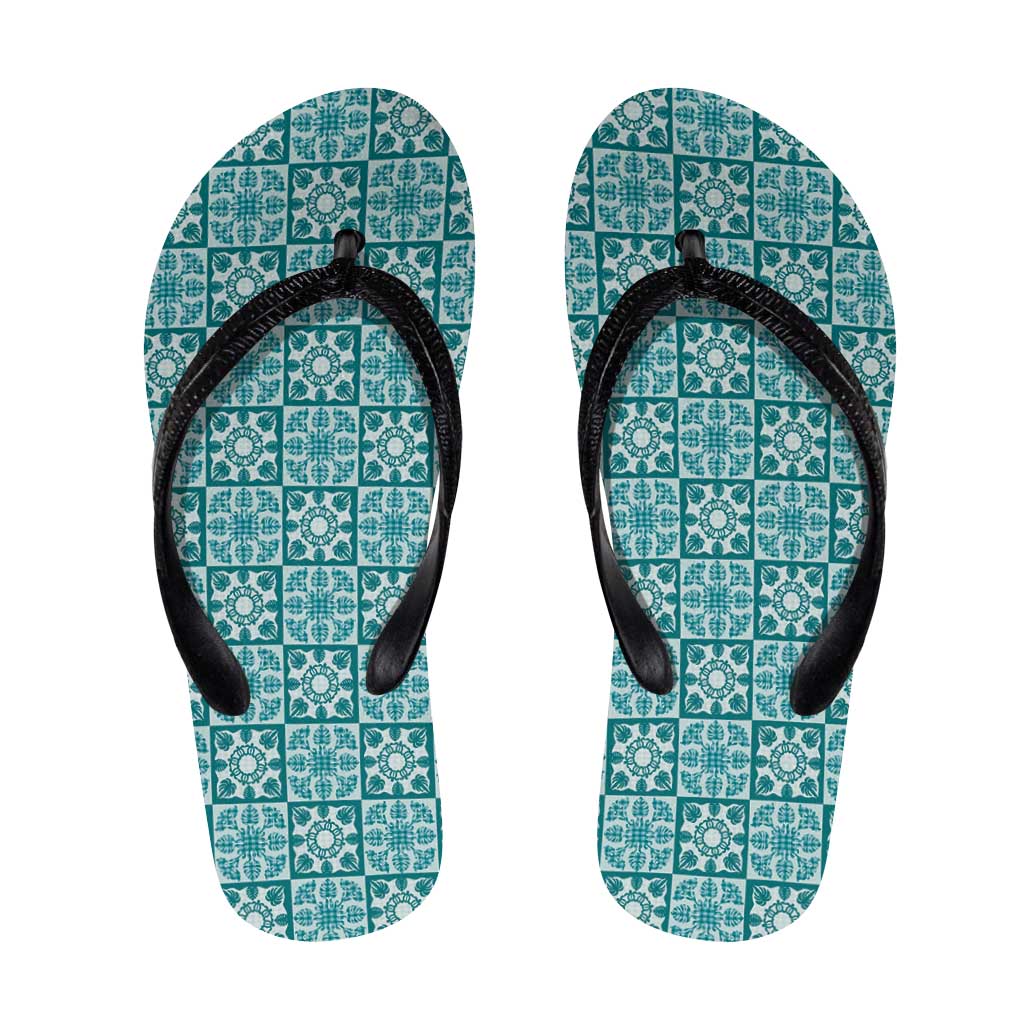 Cyan Palaka Quilt Hawaii Flip Flops Hawaiian Tropical Monstera Sea Turtle