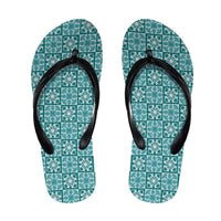 Cyan Palaka Quilt Hawaii Flip Flops Hawaiian Tropical Monstera Sea Turtle