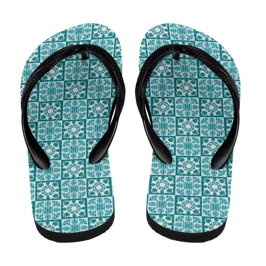 Cyan Palaka Quilt Hawaii Flip Flops Hawaiian Tropical Monstera Sea Turtle