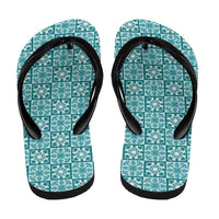 Cyan Palaka Quilt Hawaii Flip Flops Hawaiian Tropical Monstera Sea Turtle