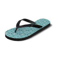 Cyan Palaka Quilt Hawaii Flip Flops Hawaiian Tropical Monstera Sea Turtle