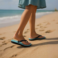 Cyan Palaka Quilt Hawaii Flip Flops Hawaiian Tropical Monstera Sea Turtle