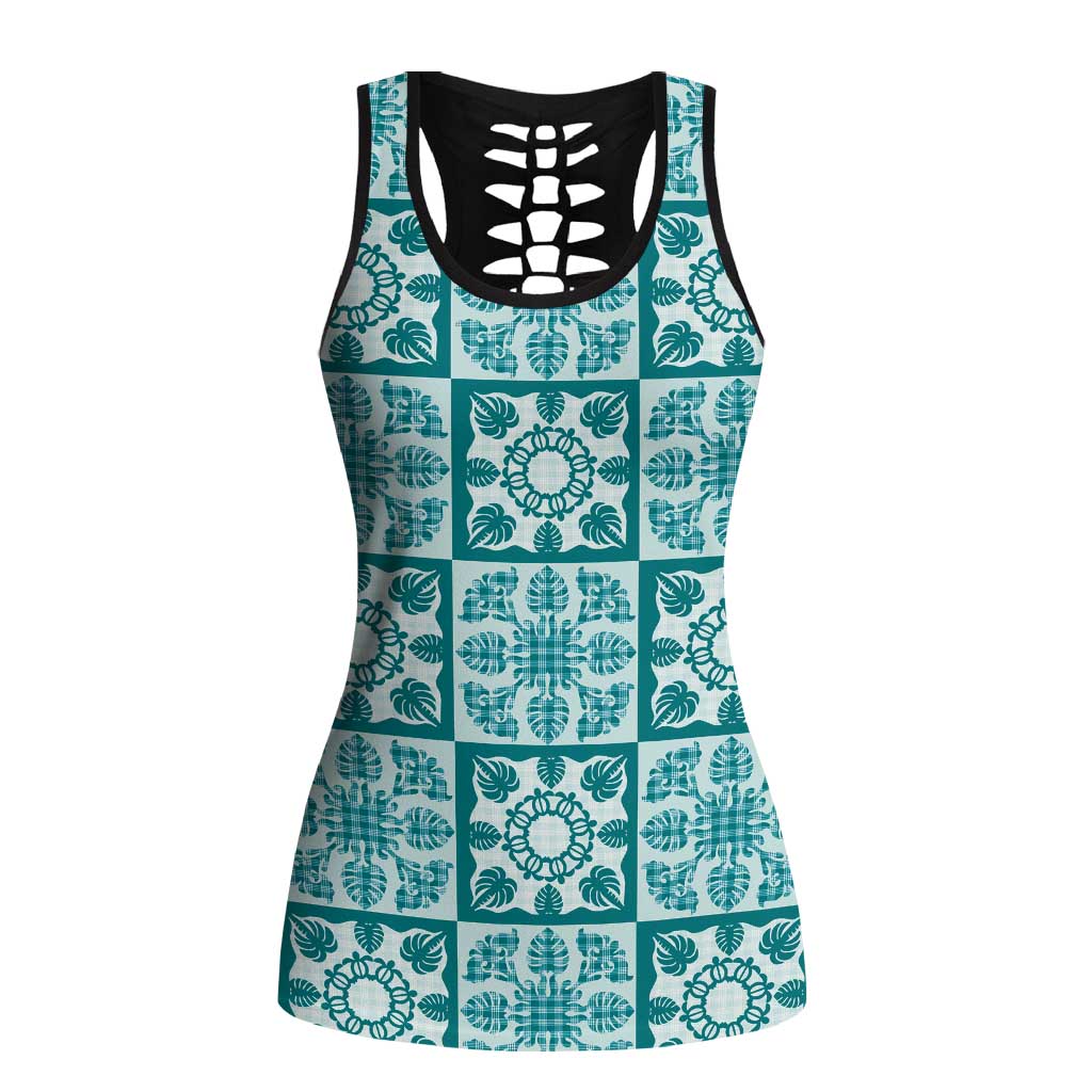 Cyan Palaka Quilt Hawaii Hollow Tank Top Hawaiian Tropical Monstera Sea Turtle