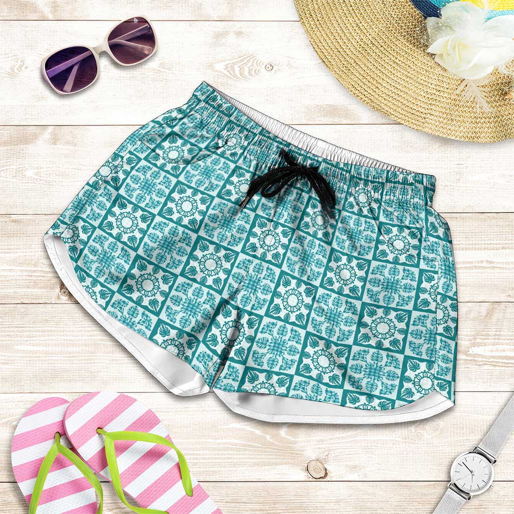 Cyan Palaka Quilt Hawaii Shorts for Women Hawaiian Tropical Monstera Sea Turtle LT14 Cyan - Polynesian Pride