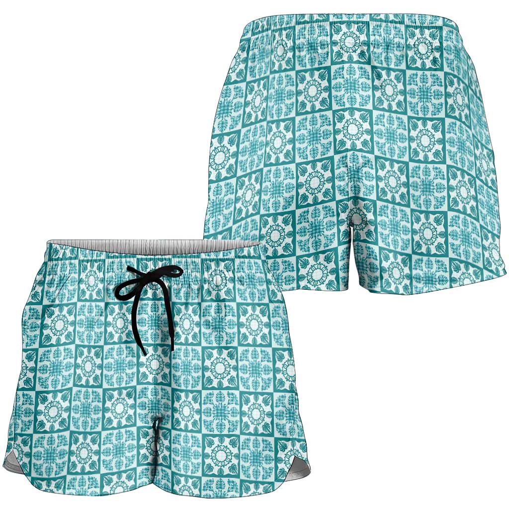 Cyan Palaka Quilt Hawaii Shorts for Women Hawaiian Tropical Monstera Sea Turtle LT14 - Polynesian Pride