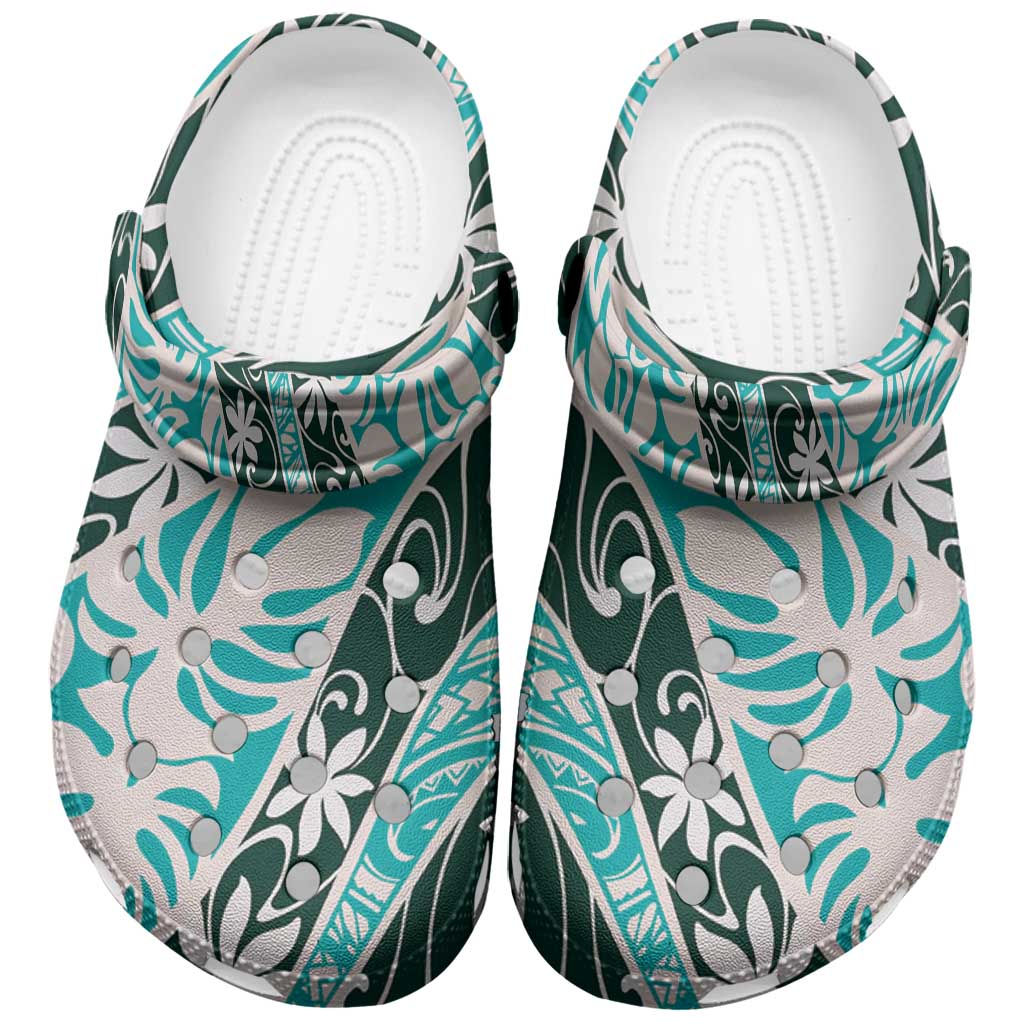 Cyan Tahiti Tiare Monstera Clogs Shoes Polynesian Pattern Curve Style - Polynesian Pride