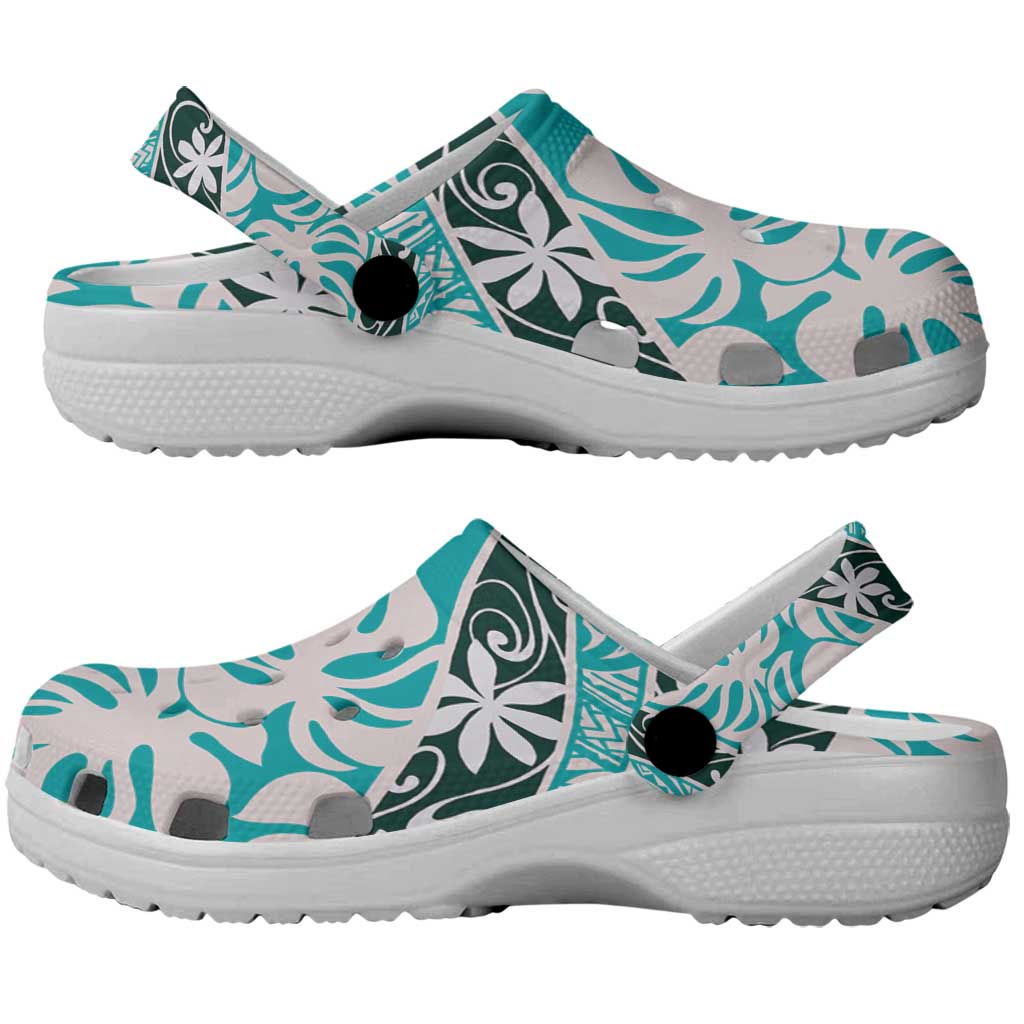 Cyan Tahiti Tiare Monstera Clogs Shoes Polynesian Pattern Curve Style - Polynesian Pride