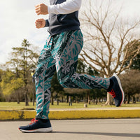 Cyan Tahiti Tiare Monstera Jogger Pants Polynesian Pattern Curve Style - Polynesian Pride