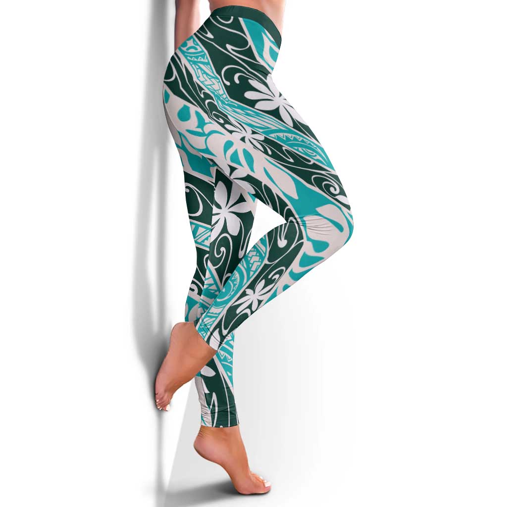 Cyan Tahiti Tiare Monstera Leggings Polynesian Pattern Curve Style - Polynesian Pride