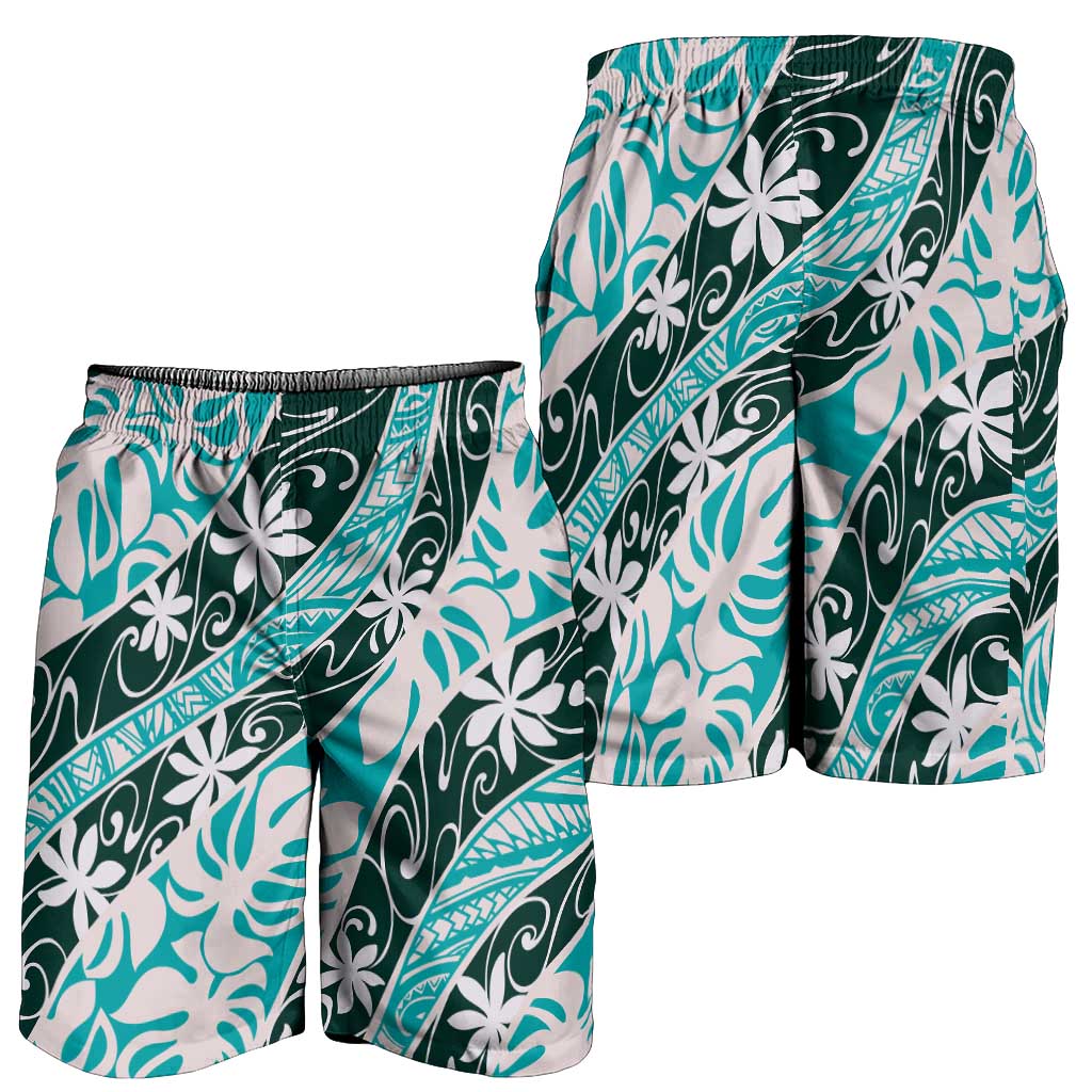 Cyan Tahiti Tiare Monstera Shorts for Men Polynesian Pattern Curve Style - Polynesian Pride