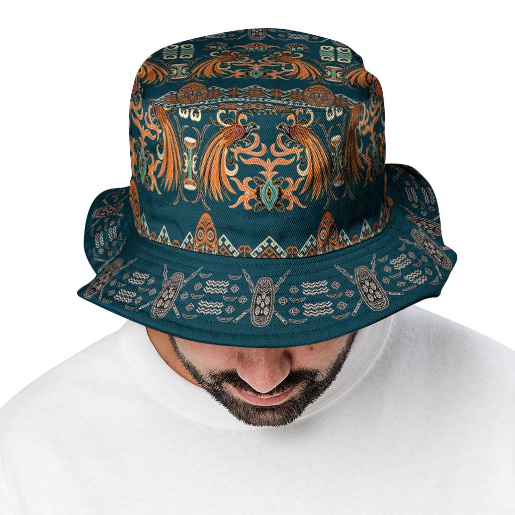 Dark Cyan Blue Batik Papua-inspired Pattern Bucket Hat - Polynesian Pride