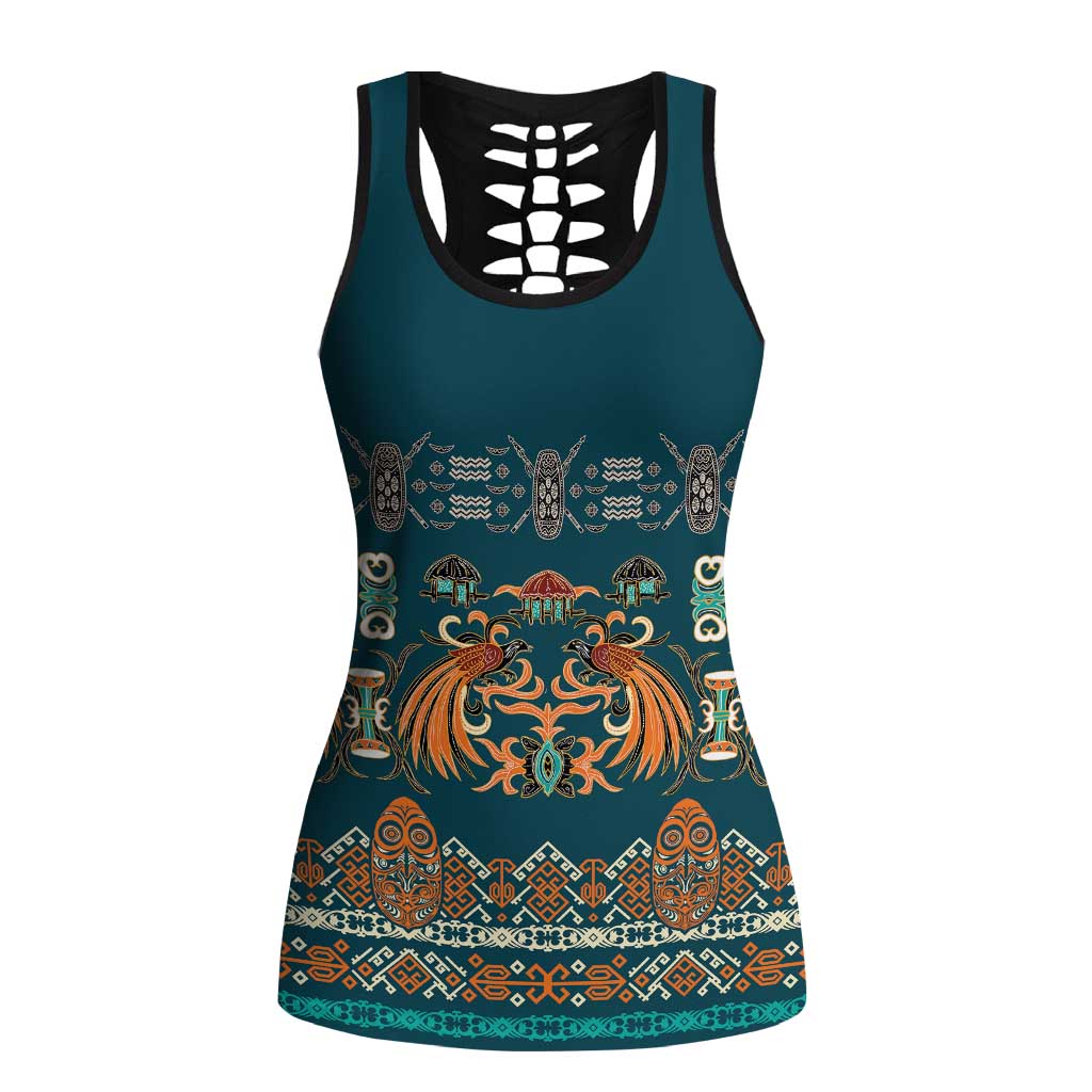 Dark Cyan Blue Batik Papua-inspired Pattern Hollow Tank Top LT9 Female Blue - Polynesian Pride