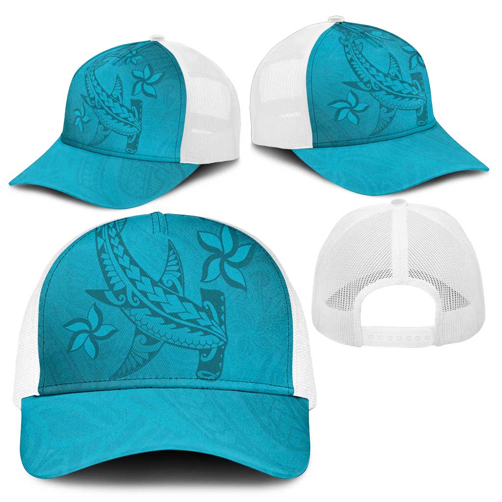 Dark Cyan Gradient Polynesia Baseball Net Cap Hawaiian Tribal Hammerhead Shark Tattoo - Polynesian Pride