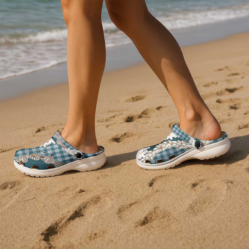 Dark Cyan Hawaii Tiare and Shell Lei Clogs Shoes Hawaiian Palaka Luxury Vibes - Polynesian Pride