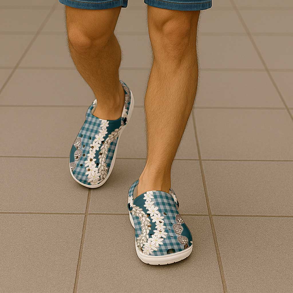 Dark Cyan Hawaii Tiare and Shell Lei Clogs Shoes Hawaiian Palaka Luxury Vibes - Polynesian Pride