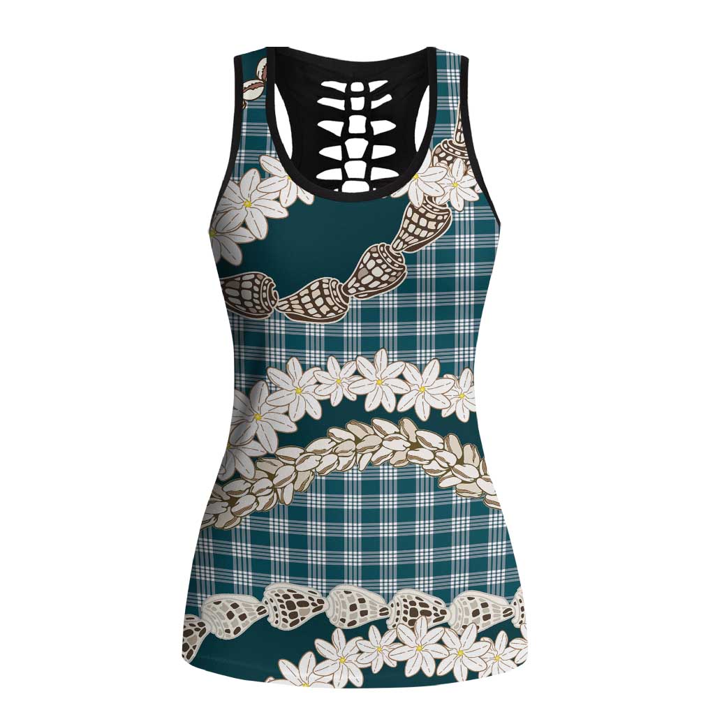 Dark Cyan Hawaii Tiare and Shell Lei Hollow Tank Top Hawaiian Palaka Luxury Vibes - Polynesian Pride