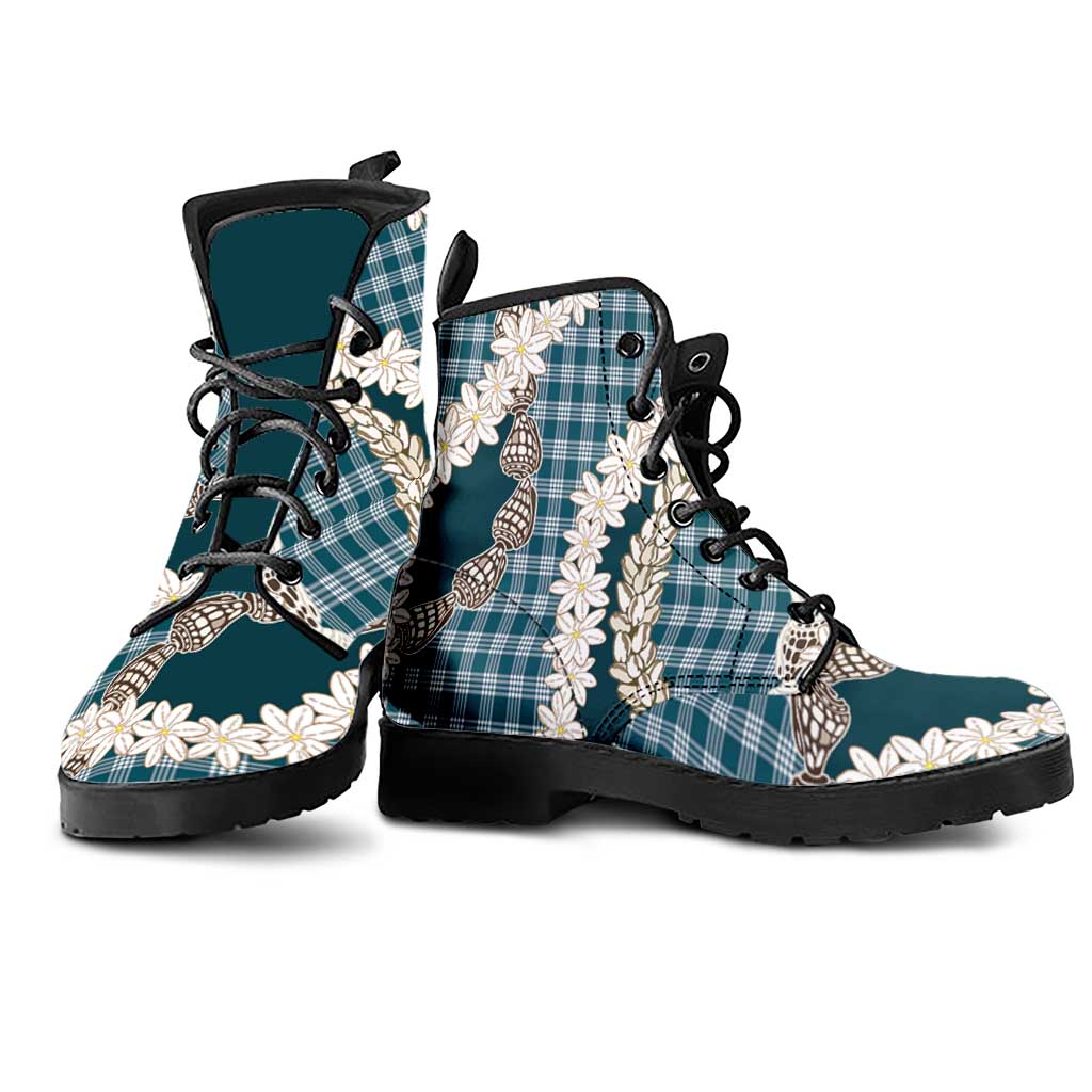 Dark Cyan Hawaii Tiare and Shell Lei Leather Boots Hawaiian Palaka Luxury Vibes - Polynesian Pride
