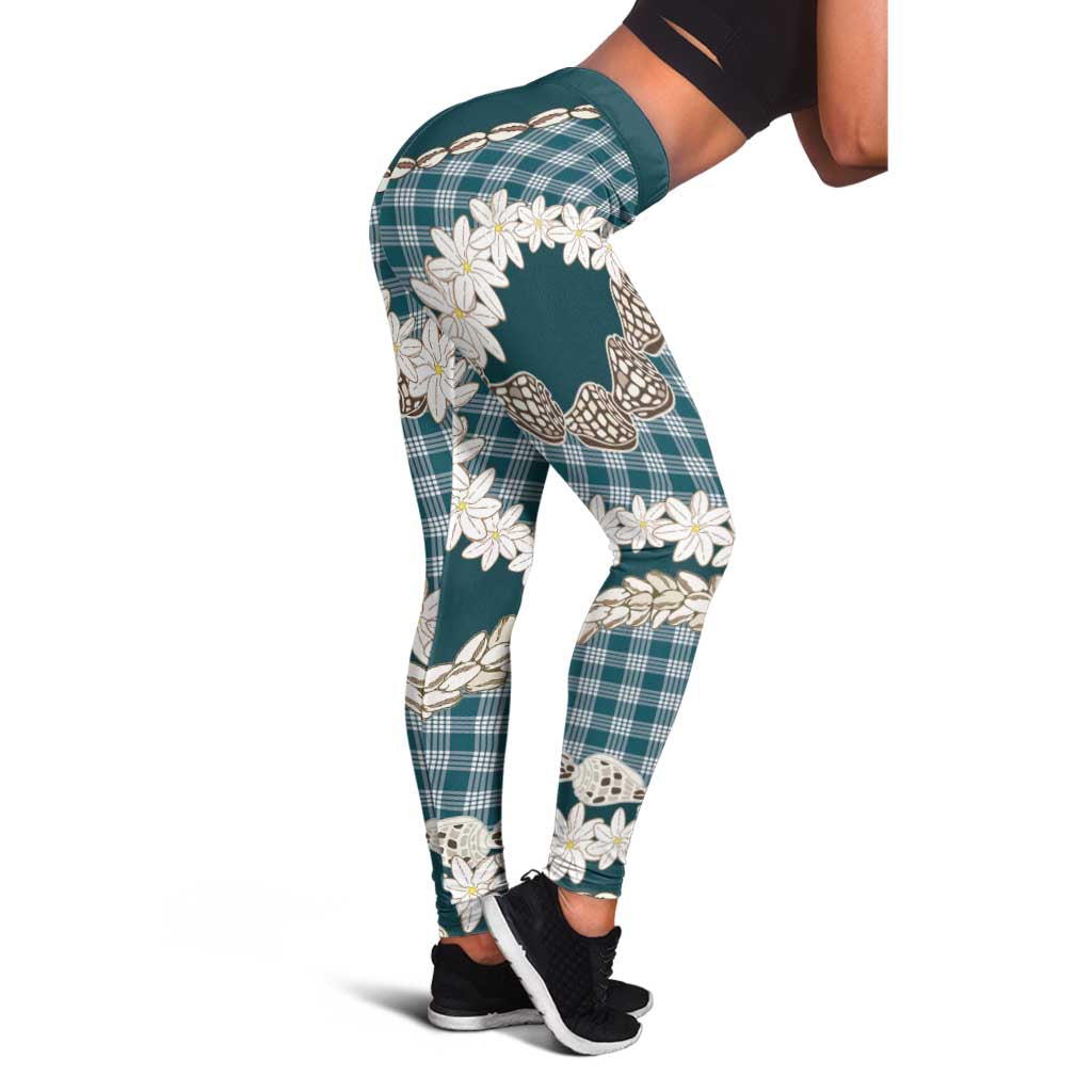 Dark Cyan Hawaii Tiare and Shell Lei Leggings Hawaiian Palaka Luxury Vibes - Polynesian Pride