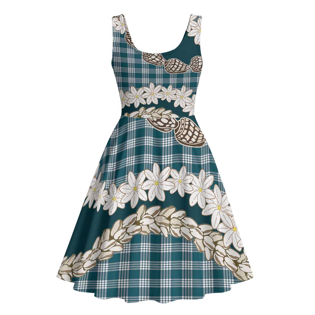 Dark Cyan Hawaii Tiare and Shell Lei Midi Dress Hawaiian Palaka Luxury Vibes - Polynesian Pride