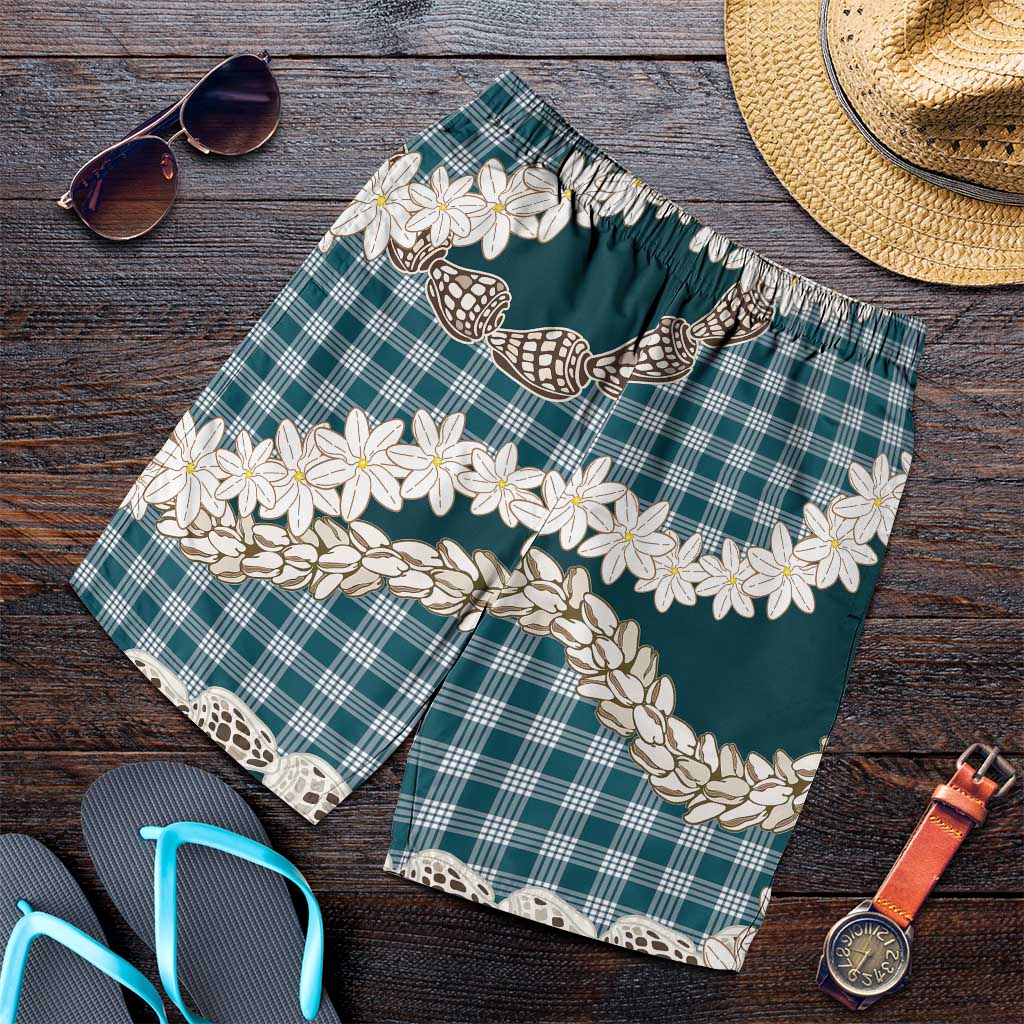 Dark Cyan Hawaii Tiare and Shell Lei Shorts for Men Hawaiian Palaka Luxury Vibes - Polynesian Pride