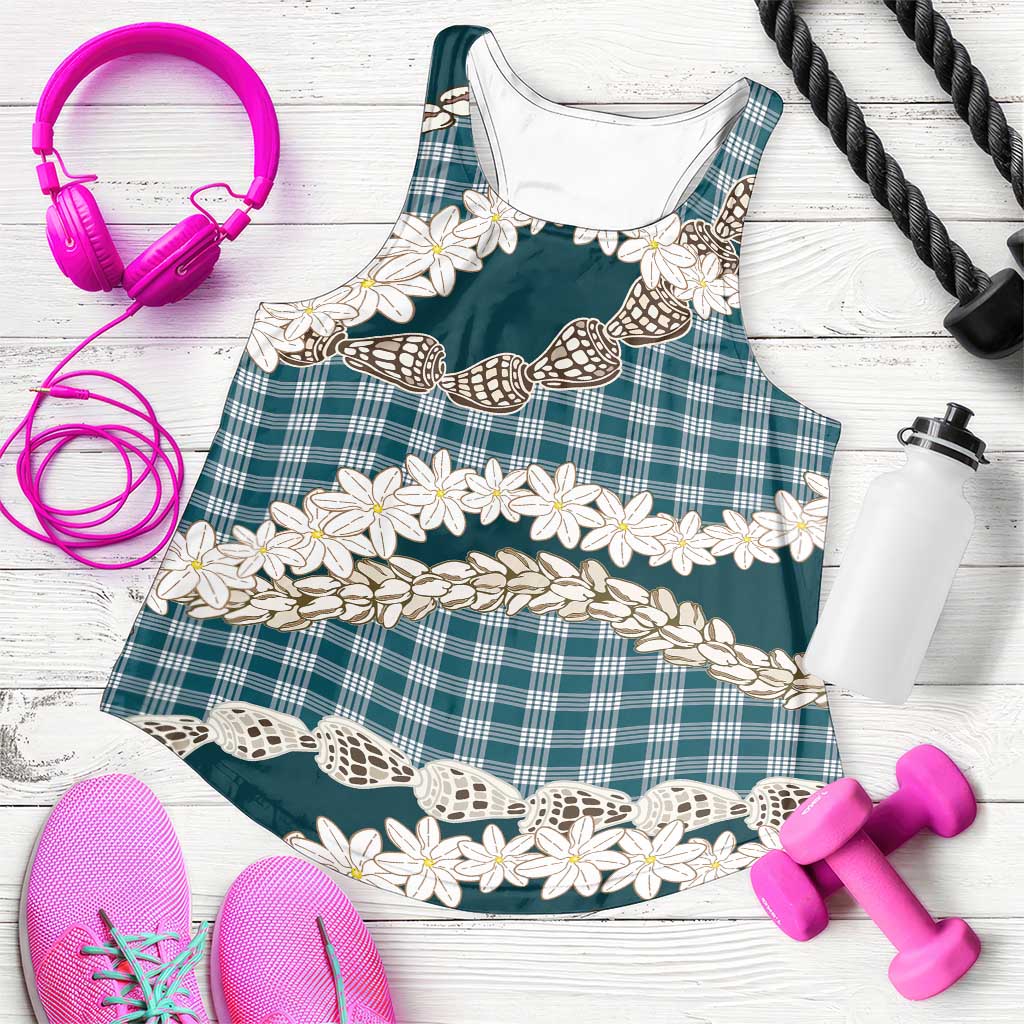 Dark Cyan Hawaii Tiare and Shell Lei Women Racerback Tank Hawaiian Palaka Luxury Vibes - Polynesian Pride