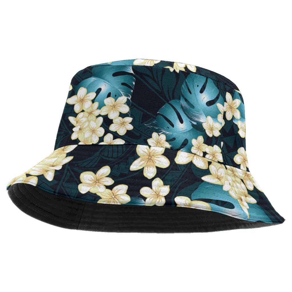 Dark Cyan Tropical Hawaii Bucket Hat Seamless Monstera Plumeria Hawaiian Pattern - Polynesian Pride