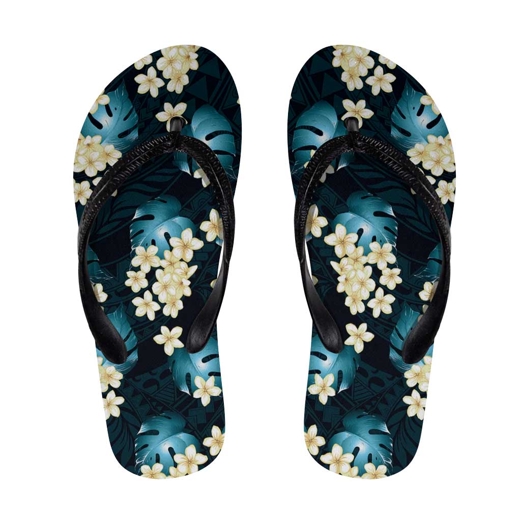 Dark Cyan Tropical Hawaii Flip Flops Seamless Monstera Plumeria Hawaiian Pattern LT14 Dark Cyan - Polynesian Pride