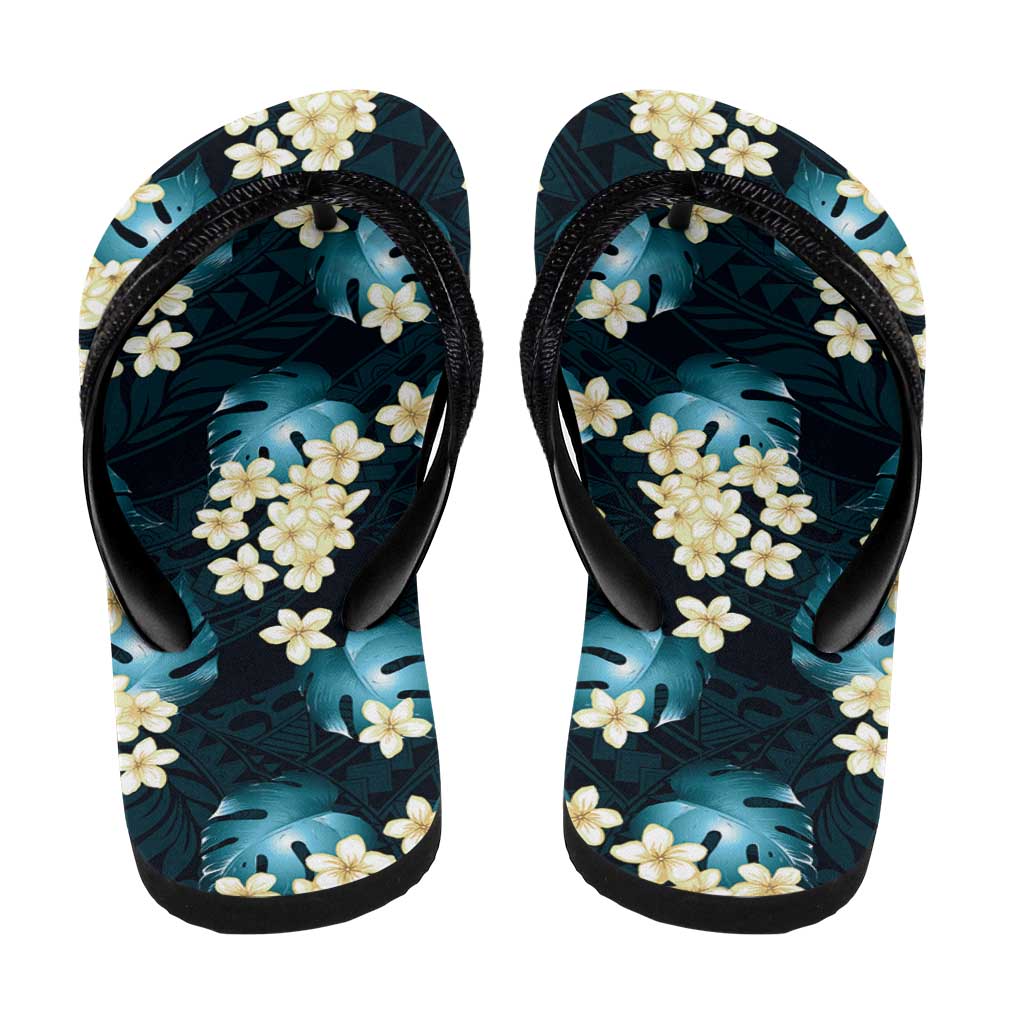 Dark Cyan Tropical Hawaii Flip Flops Seamless Monstera Plumeria Hawaiian Pattern LT14 - Polynesian Pride