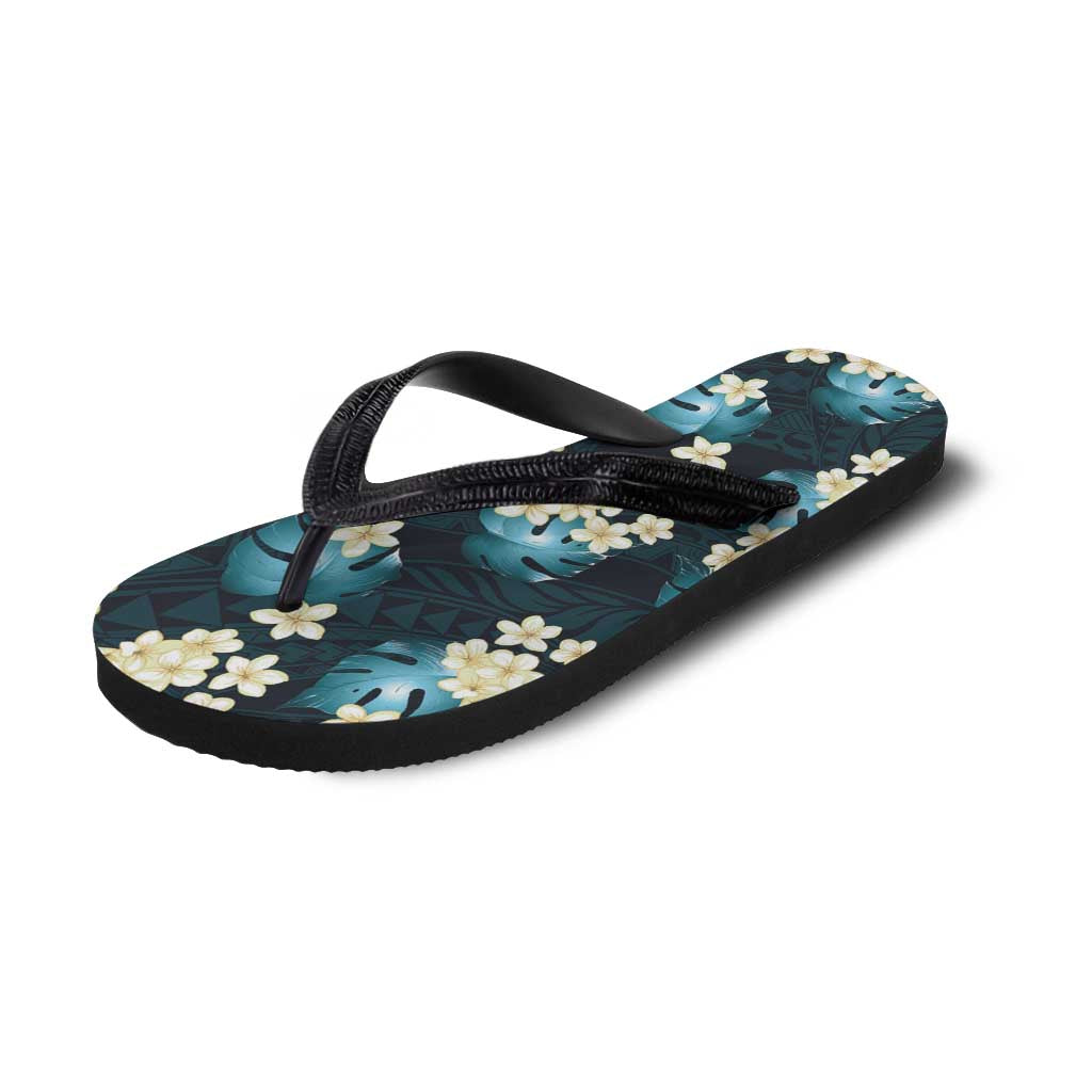 Dark Cyan Tropical Hawaii Flip Flops Seamless Monstera Plumeria Hawaiian Pattern LT14 - Polynesian Pride