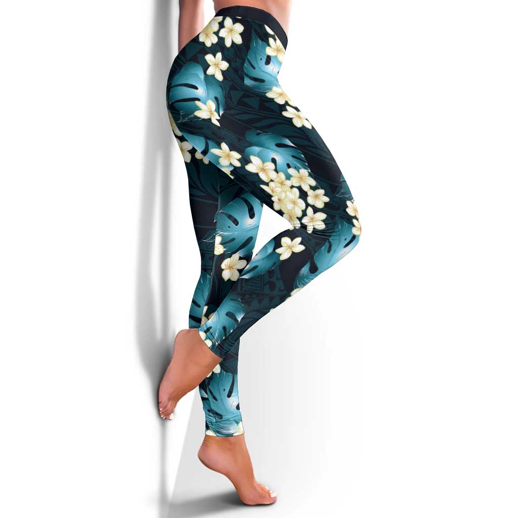 Dark Cyan Tropical Hawaii Leggings Seamless Monstera Plumeria Hawaiian Pattern - Polynesian Pride