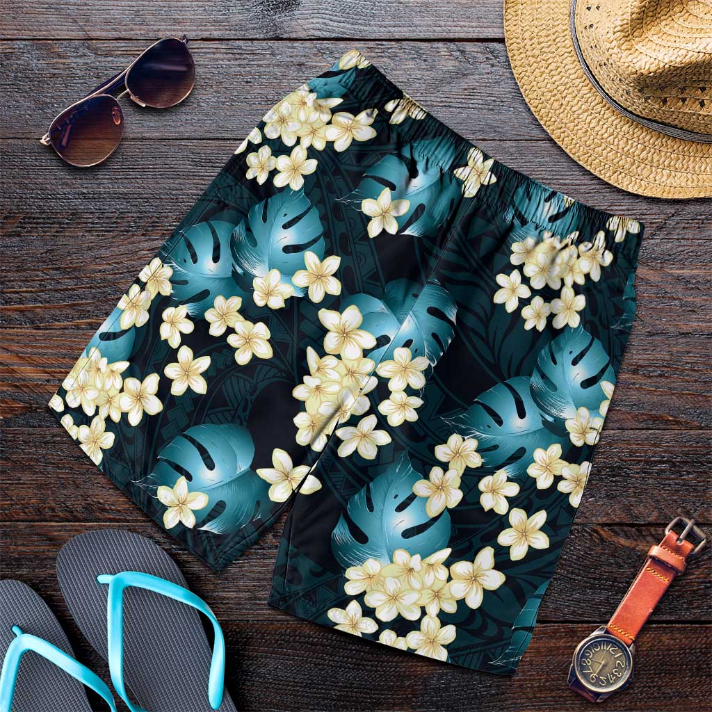 Dark Cyan Tropical Hawaii Shorts for Men Seamless Monstera Plumeria Hawaiian Pattern - Polynesian Pride