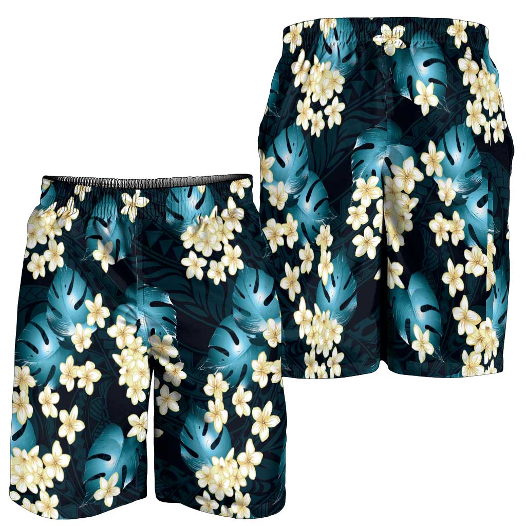 Dark Cyan Tropical Hawaii Shorts for Men Seamless Monstera Plumeria Hawaiian Pattern - Polynesian Pride